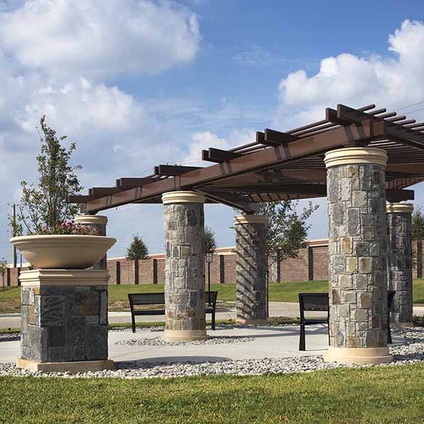 Park shed with brick-like designs